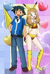  1girl animal_ears blue_eyes blush boots breasts brown_hair cleavage cosplay fake_animal_ears gen_1_pokemon heart highres holding_hands long_hair midriff navel pikachu pikachu_(cosplay) pokemon pokemon_(anime) pokemon_(creature) satoshi_(pokemon) serena_(pokemon) shoes yxyyxy 