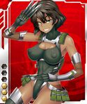  1girl abs arm_up armor black_hair bob_cut breasts card_(medium) cleavage cleavage_cutout erect_nipples female fishnets green_eyes grin holding impossible_clothes kunai kureha_soga large_breasts leotard lilith-soft looking_at_viewer manji ninja shindou_l skin_tight smile soga_kouha solo taimanin_asagi taimanin_asagi_battle_arena thighhighs vambraces weapon 