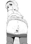  all_fours anus ass bad_id bad_pixiv_id black_legwear bra from_behind greyscale hairband looking_at_viewer monochrome panties panty_pull pantyhose pantyhose_pull pussy pussy_juice shibasaki_shouji shirt_pull short_hair skirt skirt_lift solo sweat tears uncensored underwear 