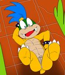  anus balls barefoot butt claws fangs hair happy hi_res jerseydevil koopa koopalings larry_koopa long_foreskin long_hair looking_at_viewer lying male mario_bros muscles navel nintendo nude on_back on_floor open_mouth pecs penis scalie sharp_teeth smile solo spikes teeth toe_claws tongue uncut video_games wristband 