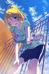  ;d ayase_eli bent_over bike_shorts blonde_hair blue_eyes blue_legwear blush bottle brick_wall clothes_writing cloud cloudy_sky collarbone day emanon123 fence hair_ornament hairclip hand_on_own_knee highres long_hair looking_at_viewer love_live! love_live!_school_idol_project one_eye_closed open_mouth ponytail scrunchie shirt short_sleeves shorts sky smile solo sweat t-shirt water_bottle wristband 