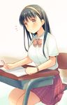  black_hair brown_eyes desk long_hair original school_uniform sitting solo usashiro_mani 