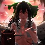  bad_id bad_pixiv_id black_hair blood blood_on_face bow breasts chaki_(emeraldia) close-up covering covering_breasts glowing glowing_eyes hair_bow highres injury large_breasts long_hair looking_at_viewer molten_rock red_eyes reiuji_utsuho shirt sleeveless sleeveless_shirt solo sunburst torn_clothes touhou upper_body wings 