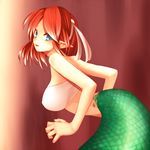  bandeau bare_shoulders blue_eyes breasts hair_ornament highres lamia large_breasts leaning leaning_forward looking_back monster_girl naga_(p&amp;d) open_mouth pointy_ears puzzle_&amp;_dragons red_hair scales short_hair smile solo tail unier 