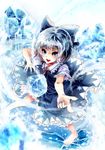  barefoot blue_eyes blue_hair blue_nails bow cirno dress frilled_dress frills hair_bow highres ice ice_wings kotonoman looking_at_viewer nail_polish neck_ribbon open_mouth pointing pointing_at_viewer ribbon short_hair short_sleeves snowflakes solo touhou wavy_hair wings 