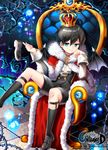  bad_id bad_pixiv_id black_footwear black_hair black_joa blue_eyes cloak crown demon_wings fur_trim highres kneehighs male_focus plant royal_robe shoes shoes_removed shorts single_shoe sitting smile solo unleashed vines wings 