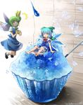  2girls ascot barefoot bloomers blue_dress blue_hair bowl cirno closed_eyes daiyousei dress fairy fairy_wings flying green_eyes green_hair hair_bobbles hair_ornament hair_ribbon ice ice_wings minigirl multiple_girls open_mouth puffy_short_sleeves puffy_sleeves ribbon shaved_ice shirt short_sleeves side_ponytail signature sleeping spoon surprised touhou umigarasu_(kitsune1963) underwear upskirt wings 