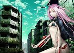  android bad_id bad_pixiv_id bikini_top highres long_hair original pink_hair post-apocalypse red_eyes revision ruins solo solru 