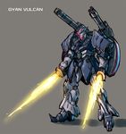  beam_saber cannon character_name dual_wielding energy_sword glowing glowing_eye grey_background gundam gundam_build_fighters gyan_vulcan holding mecha no_humans pink_eyes redesign shield simple_background solo sword weapon 