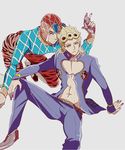  argyle argyle_sweater bad_id bad_pixiv_id blonde_hair bug giorno_giovanna guido_mista gun hat insect jojo_no_kimyou_na_bouken ladybug midriff multiple_boys ni-si_(nisi_kun) open_clothes open_shirt shirt sitting sweater turtleneck weapon 