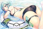  ass bikini black_bikini blush cameltoe goggles green_eyes green_hair hinasaki_you holster innertube looking_back parted_lips sinon solo swimsuit sword_art_online thigh_holster water water_gun wet 