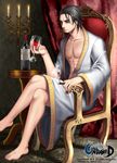  abs bad_id bad_pixiv_id barefoot black_hair black_joa bottle candelabra candle candlelight chair cigar crossed_legs cup drinking_glass facial_hair goatee highres male_focus red_eyes scar smoke unleashed wet wine_bottle wine_glass 