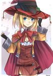  blonde_hair blue_eyes blush bow bowtie breasts cleavage commentary detached_collar dress fingerless_gloves gloves hand_on_headwear hat jacket long_hair looking_at_viewer medium_breasts original red_dress short_dress smile solo standing umasanjin witch_hat 