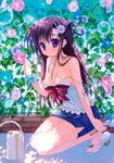  absurdres breasts brick_wall camisole cleavage feet flower hair_flower hair_ornament highres kneeling long_hair medium_breasts microskirt mitsui_mana morning_glory purple_eyes purple_hair sandals sidelocks skirt smile solo spaghetti_strap strap_slip tree_shade trowel watering_can 