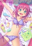  aki_(akisora_hiyori) bag bikini bikini_bottom_removed bikini_top_removed bottle breasts cellphone clothes_in_front green_eyes highres lying medium_breasts nude original phone pink_hair sandals short_hair solo swimsuit swimsuit_removed underboob 