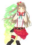  :o bangs black_legwear black_skirt bokura_wa_ima_no_naka_de bow brown_hair center_frills fingerless_gloves frilled_shirt_collar frills gloves green_neckwear green_ribbon hair_bow hands_on_own_cheeks hands_on_own_face heart heart_cutout karuha kneehighs layered_skirt long_hair looking_at_viewer love_live! love_live!_school_idol_project minami_kotori navel neck_ribbon one_side_up red_gloves red_skirt ribbon skirt solo suspender_skirt suspenders yellow_eyes 