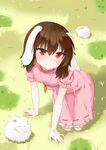  all_fours angora_rabbit animal_ears brown_hair bunny bunny_ears bunny_tail carrot_necklace clover dress four-leaf_clover grass hazao_(luckytewi) highres inaba_tewi jewelry looking_at_viewer pendant pink_dress red_eyes shadow short_hair short_sleeves smile solo tail touhou 
