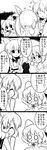  4girls 4koma :d absurdres bow cirno closed_eyes comic commentary daiyousei detached_wings earmuffs fairy_wings futa_(nabezoko) greyscale hair_bow hand_up highres ice ice_wings long_hair monochrome multiple_girls neck_ribbon no_eyes o_o open_mouth pointy_hair ribbon ritual_baton rumia short_hair side_ponytail smile touhou toyosatomimi_no_miko translated wings 