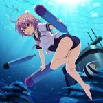  :d ahoge ass bad_id bad_pixiv_id barefoot feet fish hair_ornament highres i-58_(kantai_collection) kantai_collection legs looking_at_viewer moorish_idol neckerchief open_mouth pink_hair red_eyes sailor_collar school_swimsuit school_uniform serafuku shira-nyoro short_hair smile soles solo swimsuit swimsuit_under_clothes torpedo underwater 