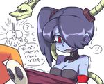  1girl assisted_exposure blue_skin breasts detached_collar detached_sleeves hair_over_one_eye leviathan_(skullgirls) side_ponytail sienna_contiello skull skullgirls squigly_(skullgirls) stitched_mouth striped_sleeves translation_request vice-versa_(skullgirls) zombie 