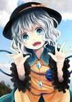  blue_sky bow cloud day grey_eyes hat hat_bow komeiji_koishi kurona long_sleeves looking_at_viewer md5_mismatch open_mouth shirt silver_hair skirt sky smile solo touhou wide_sleeves 