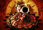  aiming_at_viewer bai_yemeng bare_shoulders black_hair breasts cleavage clock_eyes crazy date_a_live dress gears gothic_lolita grin gun hairband heterochromia highres lolita_fashion lolita_hairband long_hair long_skirt looking_at_viewer red_eyes ribbon skirt small_breasts smile solo symbol-shaped_pupils tokisaki_kurumi twintails weapon yellow_eyes 