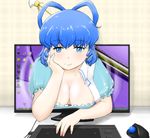  arm_support blue_eyes blue_hair blue_sky breasts cleavage downblouse hair_ornament hair_rings hair_stick kaku_seiga large_breasts looking_at_viewer monitor mouse_(computer) nishishi puffy_short_sleeves puffy_sleeves short_sleeves sky smile solo tablet through_screen touhou 