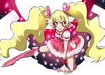  blonde_hair boots bow choker cure_peach dress earrings eyelashes fighting_stance fresh_precure! frilled_dress frills hair_ornament haru_(nature_life) heart heart_hair_ornament jewelry knee_boots kneehighs long_hair looking_at_viewer magical_girl md5_mismatch momozono_love open_mouth pink_bow pink_dress pink_eyes pink_footwear precure serious solo twintails wrist_cuffs 