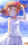  bare_arms blue_sky bow brown_hair collarbone commentary day dress earrings hat hat_bow highres hoshizora_rin jewelry lake light_brown_hair looking_at_viewer love_live! love_live!_school_idol_project makuran sky sleeveless sleeveless_dress smile solo straw_hat sundress water white_dress yellow_eyes 