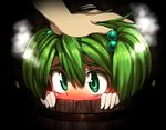  blush bucket green_eyes green_hair hair_bobbles hair_ornament hand_on_another's_head harusame_(unmei_no_ikasumi) in_bucket in_container kisume out_of_frame petting pov pov_hands touhou twintails wooden_bucket 