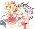  ascot blonde_hair flandre_scarlet hand_on_own_chest hat hat_ribbon highres kyapinetzu laevatein looking_at_viewer mob_cap nail_polish puffy_sleeves rainbow_order red_eyes red_footwear ribbon shirt shoes short_hair skirt skirt_set smile solo sparkle touhou vest wings 