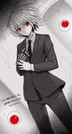  bad_id bad_pixiv_id chain collared_shirt dutch_angle eyeball formal gloves glowing glowing_eyes hunter_x_hunter kurapika looking_at_viewer male_focus monochrome necktie pants red_eyes shirt single_glove solo spot_color standing suit translation_request yukiji_tokiji 