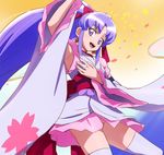  alternate_form anmitsu_komachi arm_up armpits back_bow bow cherry_blossoms cure_fortune detached_sleeves earrings floral_print hair_ribbon hand_on_own_chest happinesscharge_precure! haruyama_kazunori heart heart_earrings hikawa_iona japanese_clothes jewelry kimono long_hair looking_at_viewer multicolored multicolored_background no_panties obi open_mouth ponytail precure purple_eyes purple_hair red_ribbon revision ribbon sash short_kimono smile solo thighhighs wide_ponytail wide_sleeves 