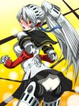  :o ass blush breasts highres kamui_sathi labrys long_hair medium_breasts persona persona_4:_the_ultimate_in_mayonaka_arena ponytail red_eyes silver_hair solo yellow_background 