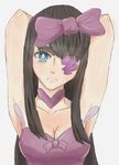  1girl arm armpits arms_up artist_request black_hair blue_eyes breasts choker cleavage collarbone dress eyepatch female hair_over_breasts hair_ribbon harime_nui harime_nui_(cosplay) kill_la_kill kiryuuin_satsuki long_hair looking_at_viewer purple_dress ribbon serious solo strapless strapless_dress 