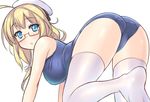  ahoge all_fours ass bad_id bad_pixiv_id blonde_hair blue_eyes dansa glasses hair_ribbon hat i-8_(kantai_collection) kantai_collection long_hair looking_at_viewer one-piece_swimsuit open_mouth ribbon school_swimsuit solo swimsuit thighhighs 