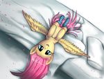  bed chickentech equine female feral fluttershy_(mlp) friendship_is_magic fur hair long_hair looking_at_viewer lying mammal my_little_pony on_back on_bed pegasus pillow pink_hair smile socks solo striped_socks wings yellow_fur 