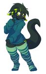  black_fur blush clothed clothing dax dragon fur green_eyes legwear lintu looking_at_viewer solo standing sweater thick_thighs thigh_highs wide_hips 