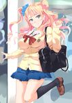  asymmetrical_hair bag blonde_hair blue_eyes blue_skirt blush bow breasts dso earrings galko gyaru handbag highres jewelry kogal large_breasts long_hair one_side_up oshiete!_galko-chan running school_uniform side_bun skirt smile socks solo stud_earrings 