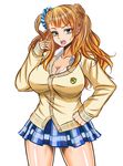  asymmetrical_hair blue_eyes blush breasts cleavage cowboy_shot earrings full-face_blush galko gyaru hair_twirling hand_on_hip jewelry kogal large_breasts long_hair one_side_up open_mouth orange_hair oshiete!_galko-chan plaid plaid_skirt school_uniform scrunchie side_bun skirt solo stud_earrings sweatdrop xyz_(kamikazejap) 