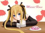  bare_shoulders blonde_hair blue_eyes cake character_name chin_rest dead_or_alive dead_or_alive_5 detached_sleeves food hair_ribbon imama long_hair looking_at_viewer marie_rose ribbon smile solo twintails 
