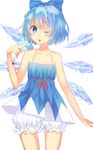  ;o adapted_costume bad_id bad_pixiv_id bare_arms bare_shoulders bloomers blue_dress blue_eyes blue_hair chestnut_mouth cirno collarbone dress fan highres melting nyanku one_eye_closed open_mouth simple_background sleeveless sleeveless_dress solo sundress touhou underwear white_background 
