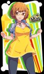 :d alternate_costume breasts brown_eyes brown_hair cleavage copyright_name cropped_jacket dev dress glasses highres jacket medium_breasts open_clothes open_jacket open_mouth pantyhose persona persona_4 persona_4_the_golden ribbon satonaka_chie short_hair smile solo spandex yellow yellow-framed_eyewear 