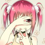  :p bow casual covering_eyes gradient_eyes hair_ornament looking_at_viewer multicolored multicolored_eyes original peeking_through_fingers pink_hair sky_(freedom) smile solo tongue tongue_out twintails v 