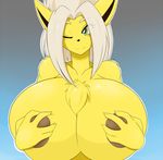  anthro beige_hair big_breasts breasts chest_tuft eeveelution female fur green_eyes hair huge_breasts hyper hyper_breasts jolteon looking_at_viewer nintendo nipples nude pok&#233;mon pok&eacute;mon ruby_(character) smile solo text tuft video_games white_hair yellow_fur 