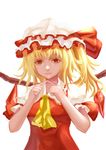  ascot dress fingers_together flandre_scarlet hat hat_ribbon highres looking_at_viewer mob_cap red_dress red_eyes ribbon side_ponytail simple_background sketch solo touhou white_background wings xiao_yinbie 