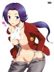  blue_eyes blush breasts crossdressing dha goidou_yui kami_nomi_zo_shiru_sekai large_breasts long_hair looking_at_viewer navel nipples ponytail purple_hair school_uniform solo 