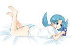  1girl barefoot blue_eyes blue_hair crystal_(pokemon) feet female game_boy handheld_game_console nintendo panties pokemon pokemon_(game) pokemon_gsc soles solo striped striped_panties toes twintails underwear 
