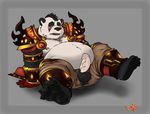  4_toes anthro armor balls bear belly blue_eyes blush chubby claws clothing erection hindpaw kronexfire male mammal nipples open_mouth overweight paladin panda pandaren pants paws penis plantigrade soles solo spaulders toe_claws toes topless torn_clothing torn_pants video_games warcraft world_of_warcraft 