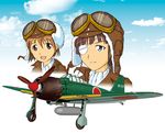  a6m_zero aircraft airplane bad_id bad_pixiv_id cloud eyepatch goggles helmet highres imperial_japanese_navy military miyafuji_yoshika multiple_girls sakamoto_mio scarf sky smile squadron strike_witches world_war_ii world_witches_series 